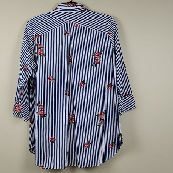 Boho Chic Striped Button Front 3/4 Sleeve Blouse Top with Floral Embroidery - Picture 8 of 10